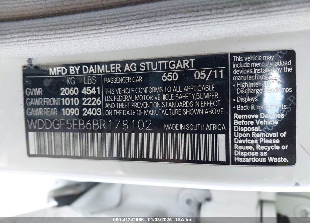 2011 MERCEDES-BENZ C 300 LUXURY/SPORT VIN: WDDGF5EB6BR178102