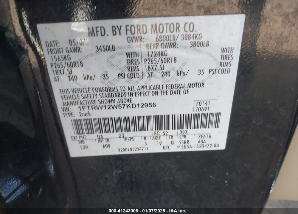 2007 FORD F-150 XLT VIN: 1FTRW12W57KD12956