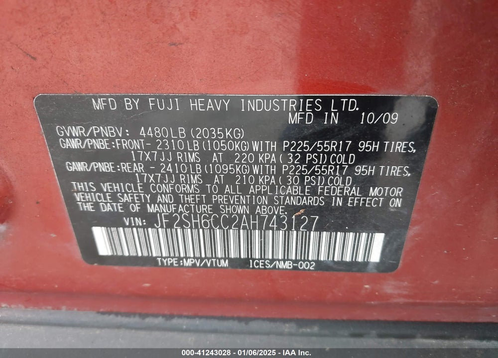 2010 SUBARU FORESTER 2.5X PREMIUM VIN: JF2SH6CC2AH743127
