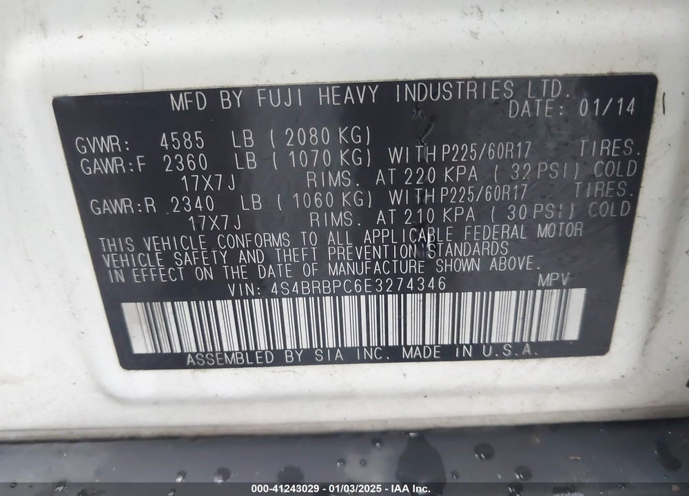 2014 SUBARU OUTBACK 2.5I LIMITED VIN: 4S4BRBPC6E3274346