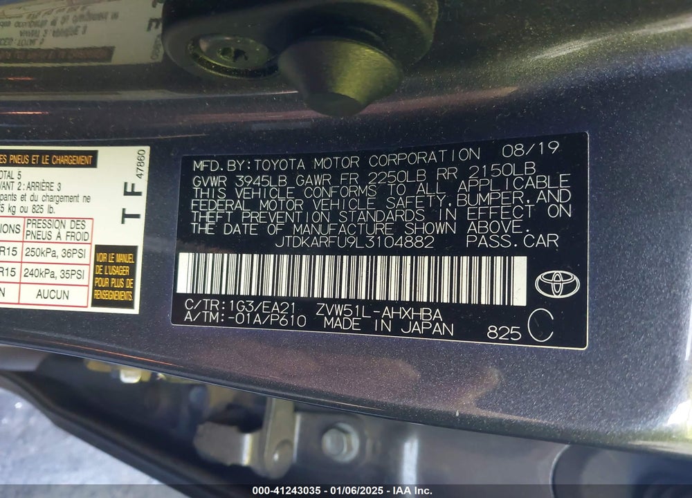 2020 TOYOTA PRIUS LIMITED VIN: JTDKARFU9L3104882