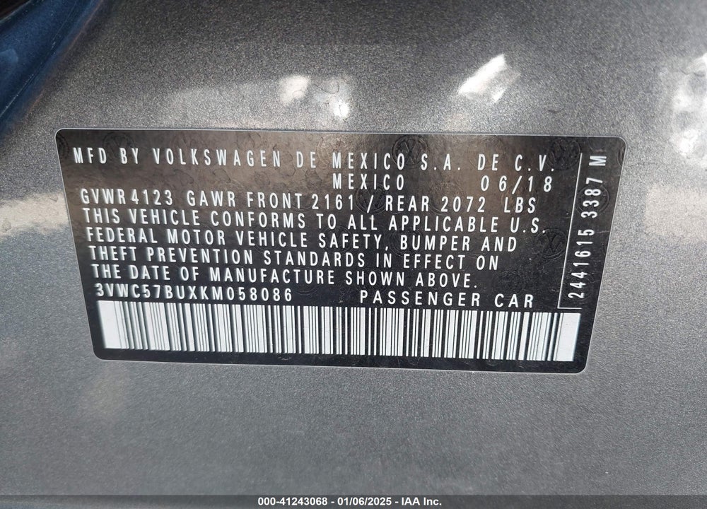 2019 VOLKSWAGEN JETTA VIN: 3VWC57BUXKM058086