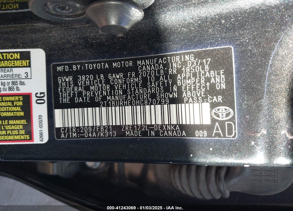 2017 TOYOTA COROLLA LE VIN: 2T1BURHE0HC870799