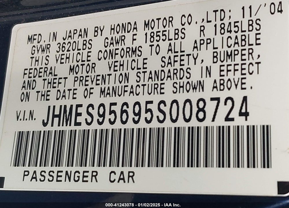 2005 HONDA CIVIC HYBRID VIN: JHMES95695S008724