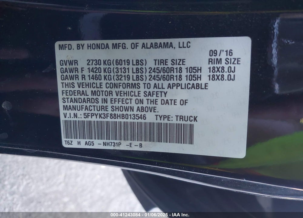 2017 HONDA RIDGELINE BLACK EDITION VIN: 5FPYK3F88HB013546