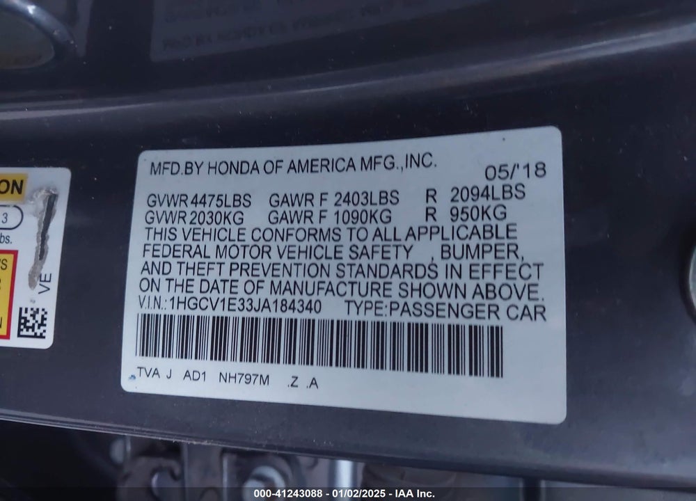 2018 HONDA ACCORD VIN: 1HGCV1E33JA184340