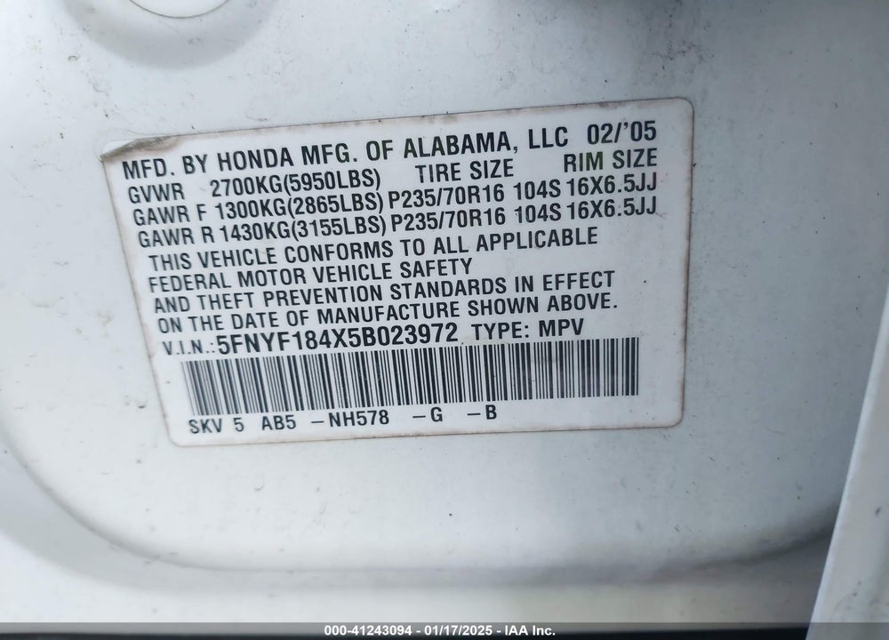 2005 HONDA PILOT EX VIN: 5FNYF184X5B023972