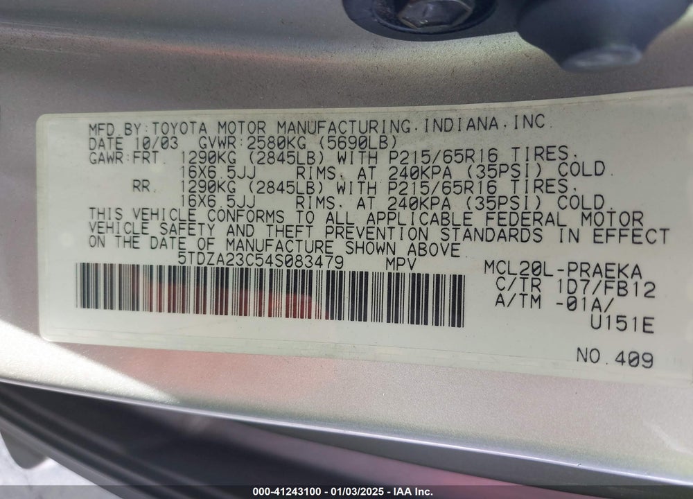 2004 TOYOTA SIENNA LE VIN: 5TDZA23C54S083479