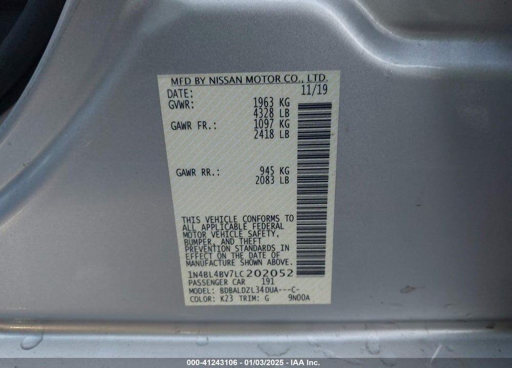 2020 NISSAN ALTIMA VIN: 1N4BL4BV7LC202052