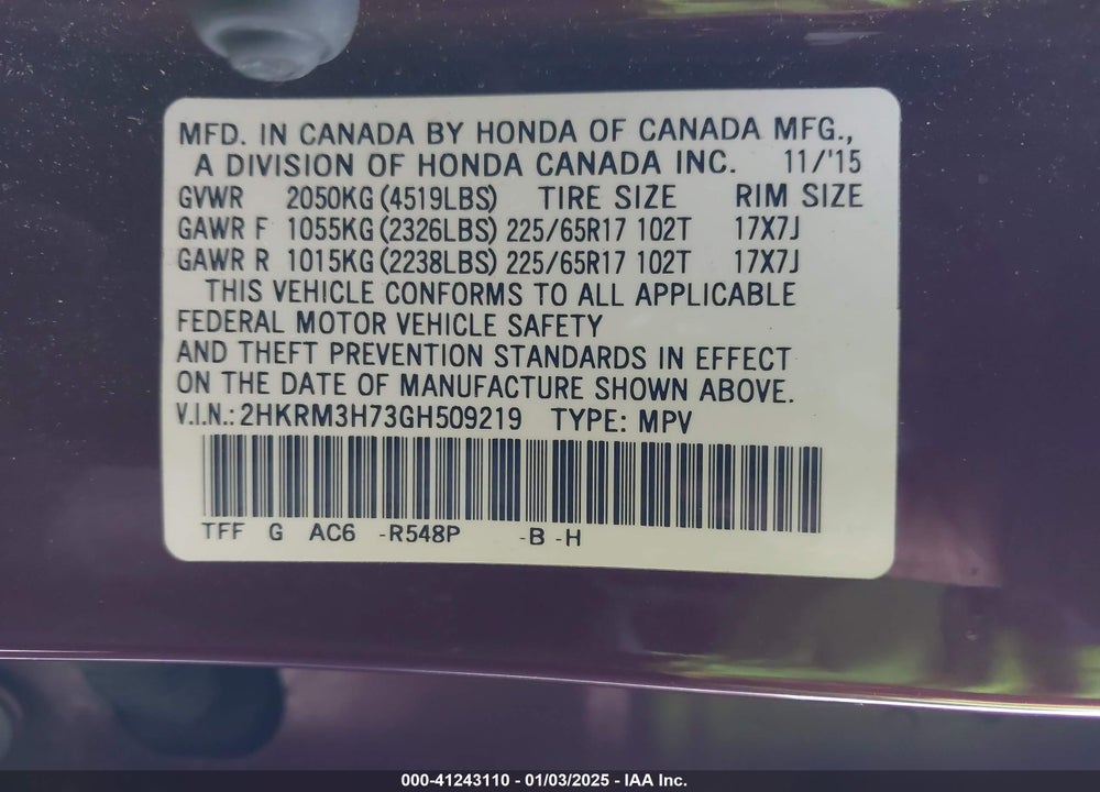 2016 HONDA CR-V EX-L VIN: 2HKRM3H73GH509219