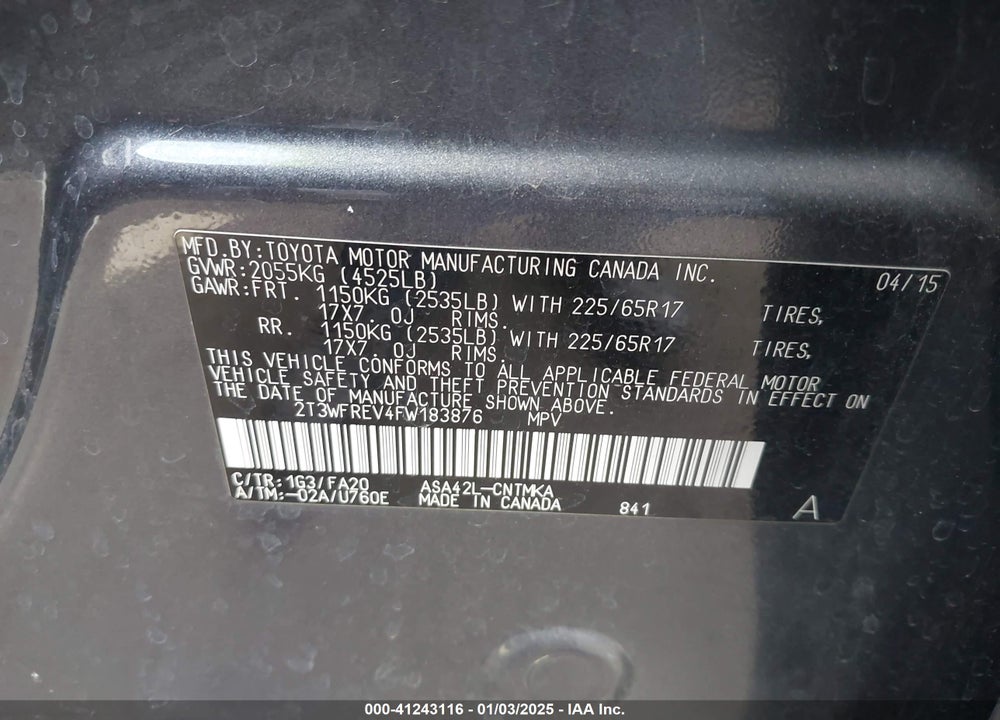 2015 TOYOTA RAV4 XLE VIN: 2T3WFREV4FW183876