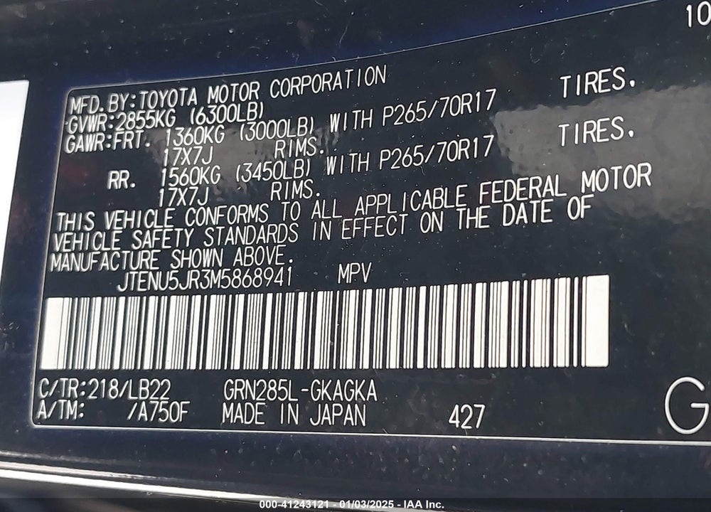 2021 TOYOTA 4RUNNER SR5 PREMIUM VIN: JTENU5JR3M5868941