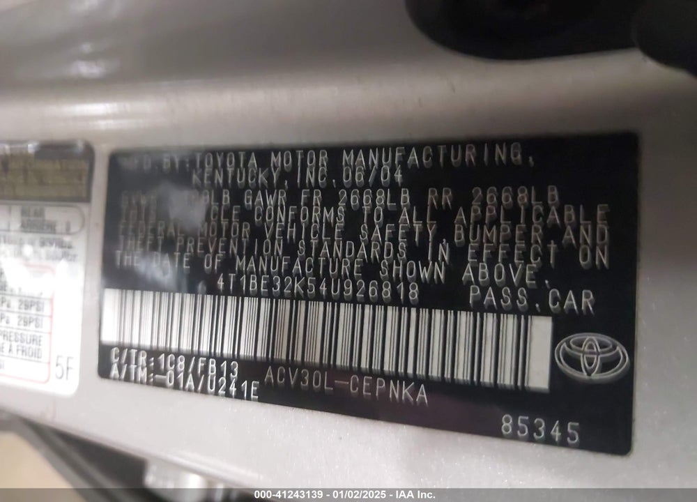 2004 TOYOTA CAMRY LE VIN: 4T1BE32K54U926818