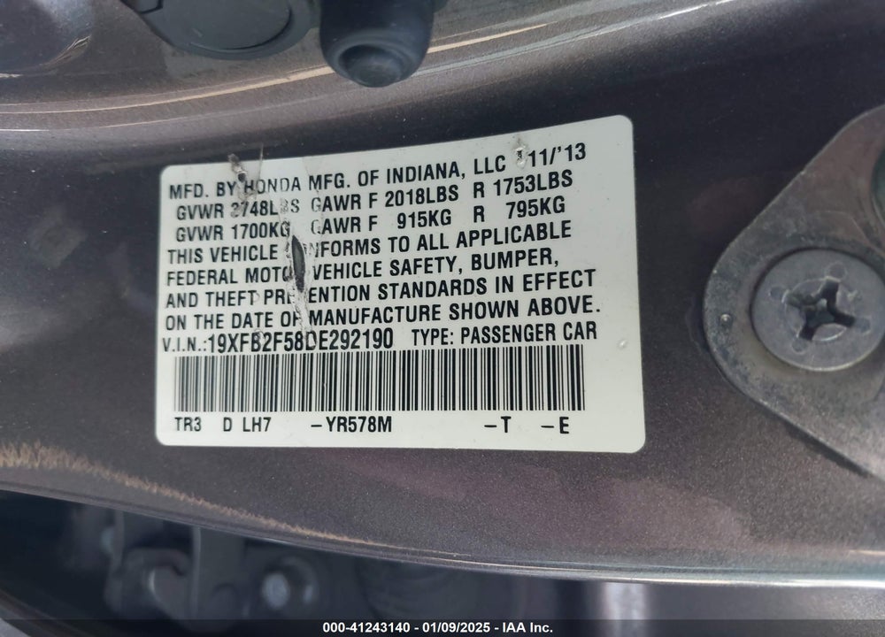 2013 HONDA CIVIC LX VIN: 19XFB2F58DE292190