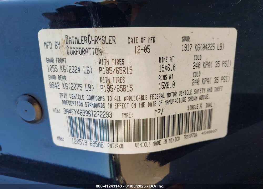 2006 CHRYSLER PT CRUISER VIN: 3A4FY48B96T272293