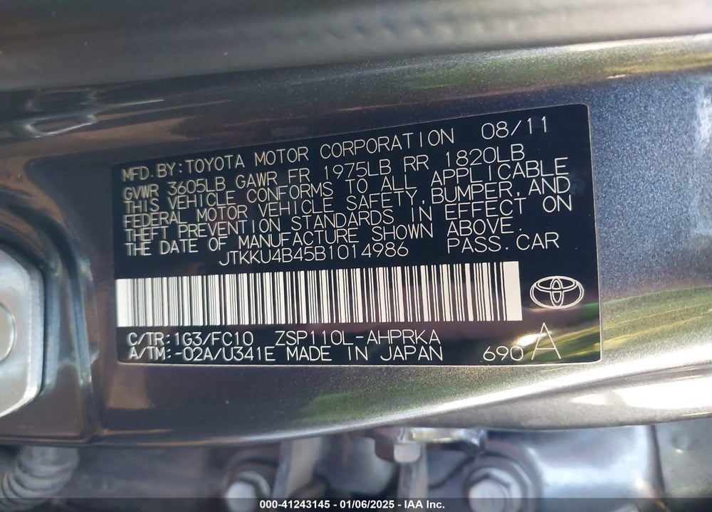 2011 TOYOTA SCION XD VIN: JTKKU4B45B1014986