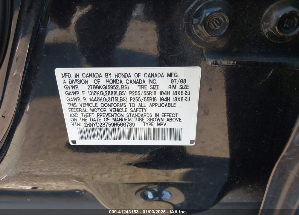 2009 ACURA MDX SPORT PACKAGE VIN: 2HNYD28759H500789