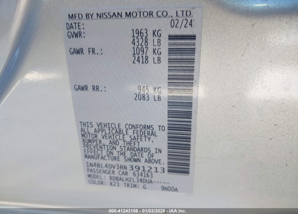 2024 NISSAN ALTIMA SV FWD VIN: 1N4BL4DV3RN391213