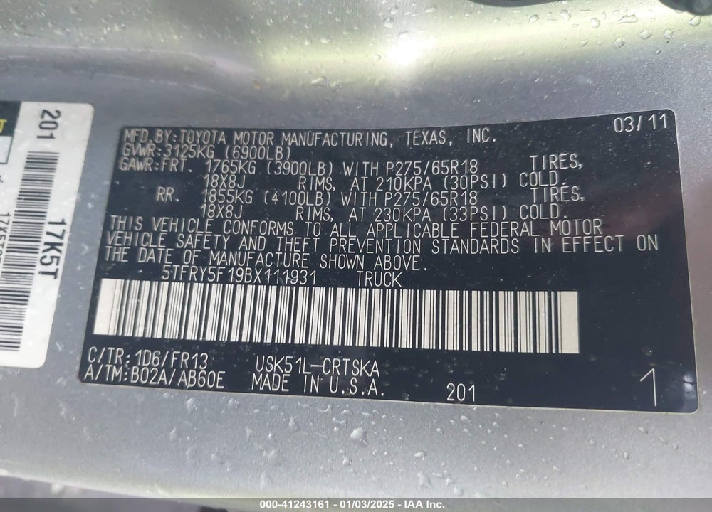 2011 TOYOTA TUNDRA GRADE 5.7L V8 VIN: 5TFRY5F19BX111931