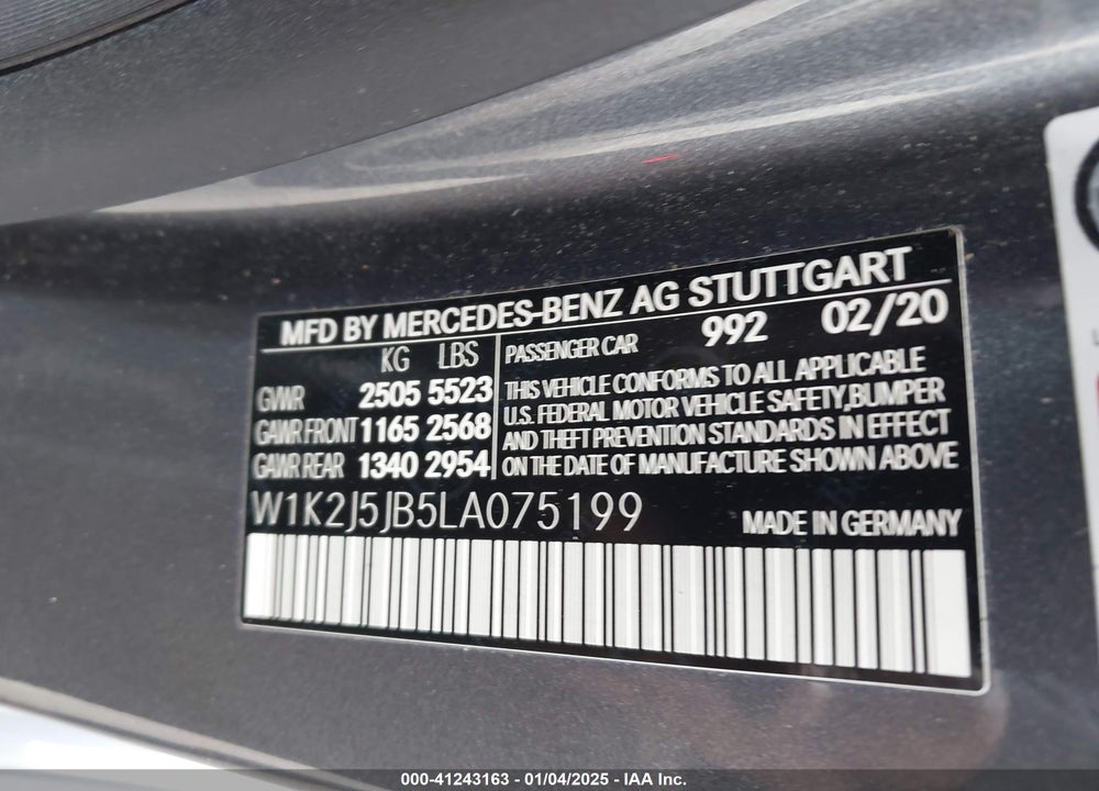 2020 MERCEDES-BENZ CLS VIN: W1K2J5JB5LA075199