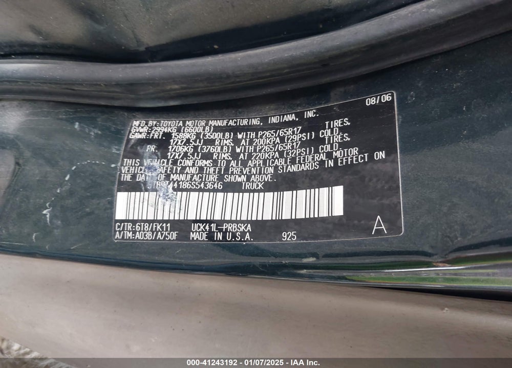 2006 TOYOTA TUNDRA VIN: 5TBDT44186S543646