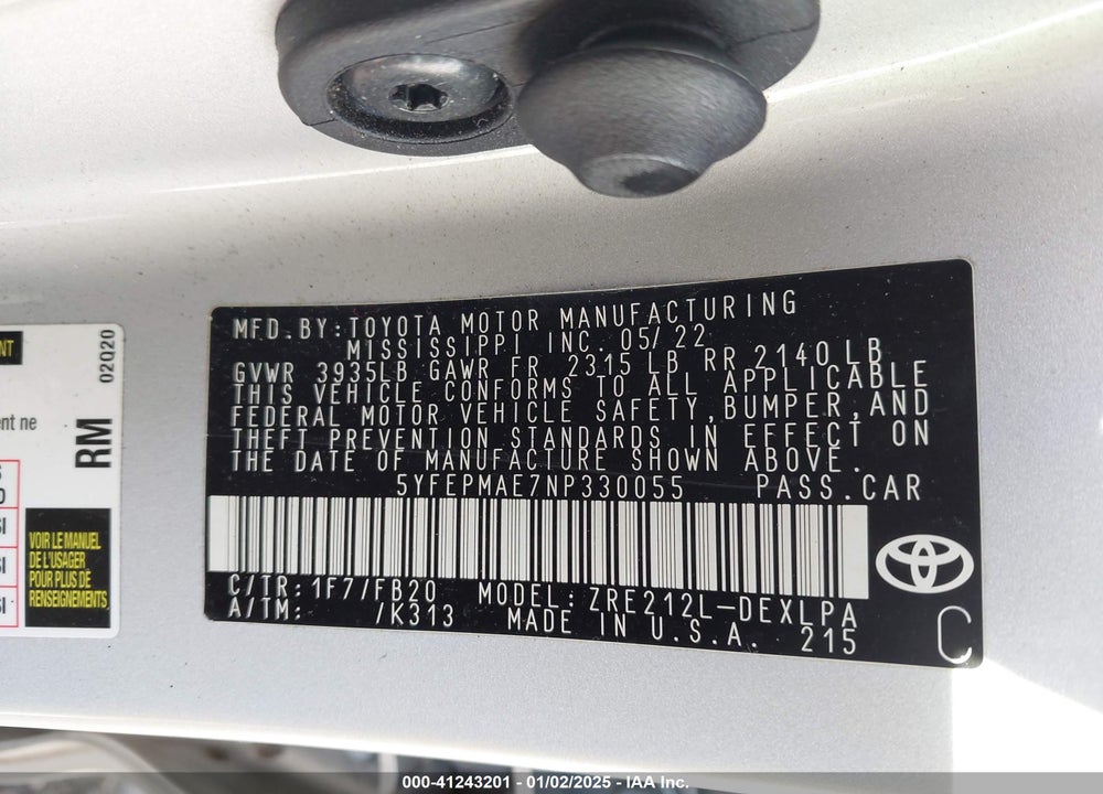 2022 TOYOTA COROLLA LE VIN: 5YFEPMAE7NP330055
