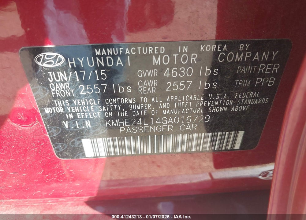 2016 HYUNDAI SONATA HYBRID VIN: KMHE24L14GA016729