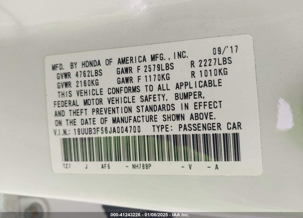 2018 ACURA TLX VIN: 19UUB3F56JA004700
