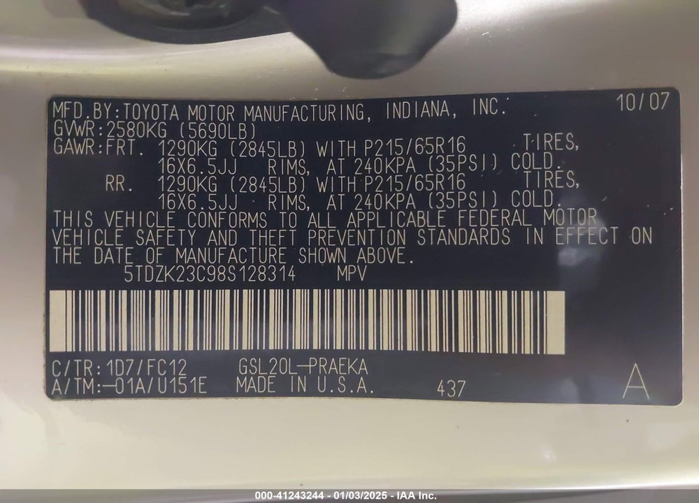 2008 TOYOTA SIENNA LE VIN: 5TDZK23C98S128314
