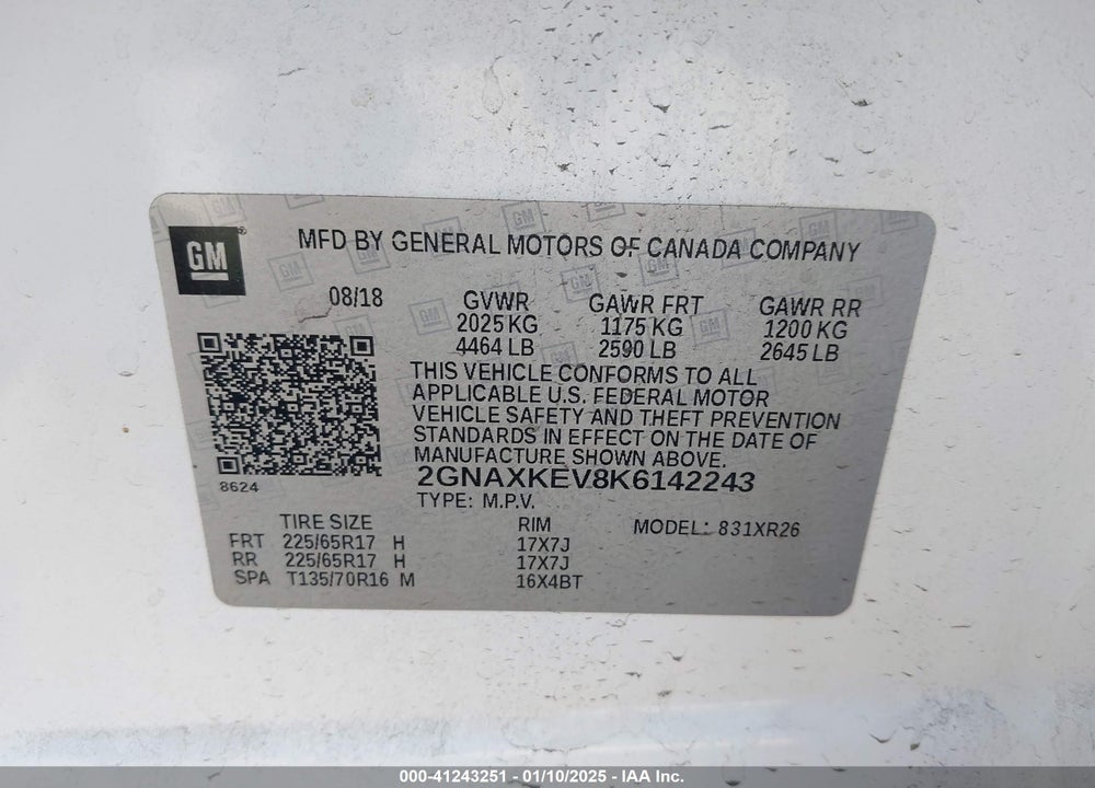2019 CHEVROLET EQUINOX LT VIN: 2GNAXKEV8K6142243