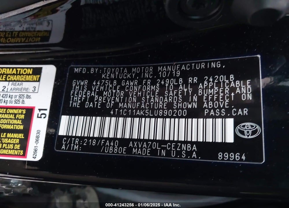 2020 TOYOTA CAMRY LE VIN: 4T1C11AK5LU890200