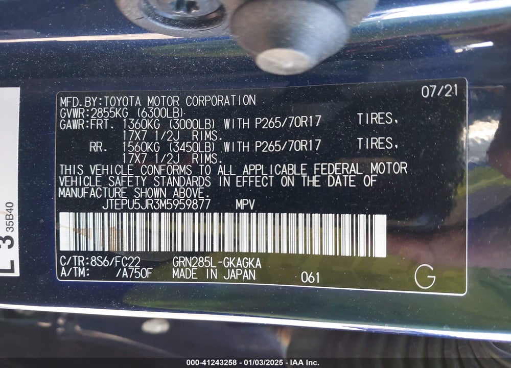 2021 TOYOTA 4RUNNER TRD OFF ROAD VIN: JTEPU5JR3M5959877