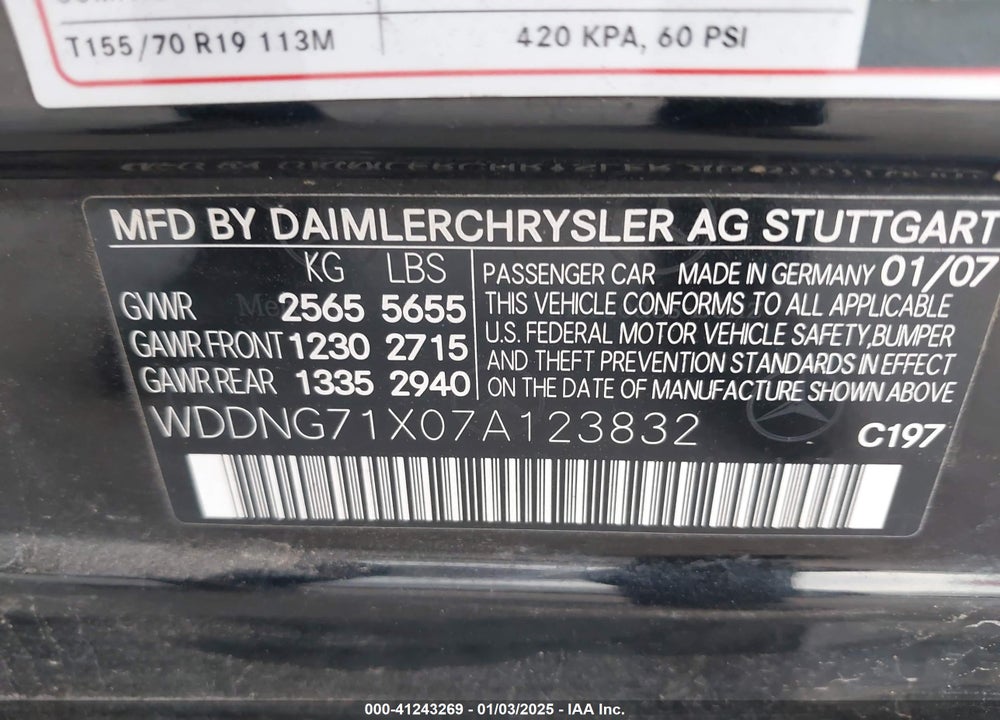2007 MERCEDES-BENZ S CLASS VIN: WDDNG71X07A123832