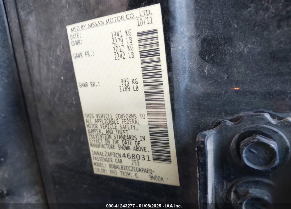 2012 NISSAN ALTIMA 2.5 S VIN: 1N4AL2AP3CN468031