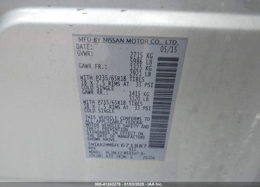 2015 NISSAN PATHFINDER S/SV/SL/PLATINUM VIN: 5N1AR2MM6FC671887