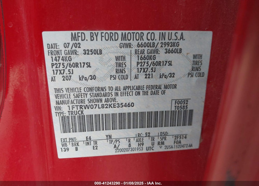 2002 FORD F-150 LARIAT/XLT VIN: 1FTRW07L82KE35460