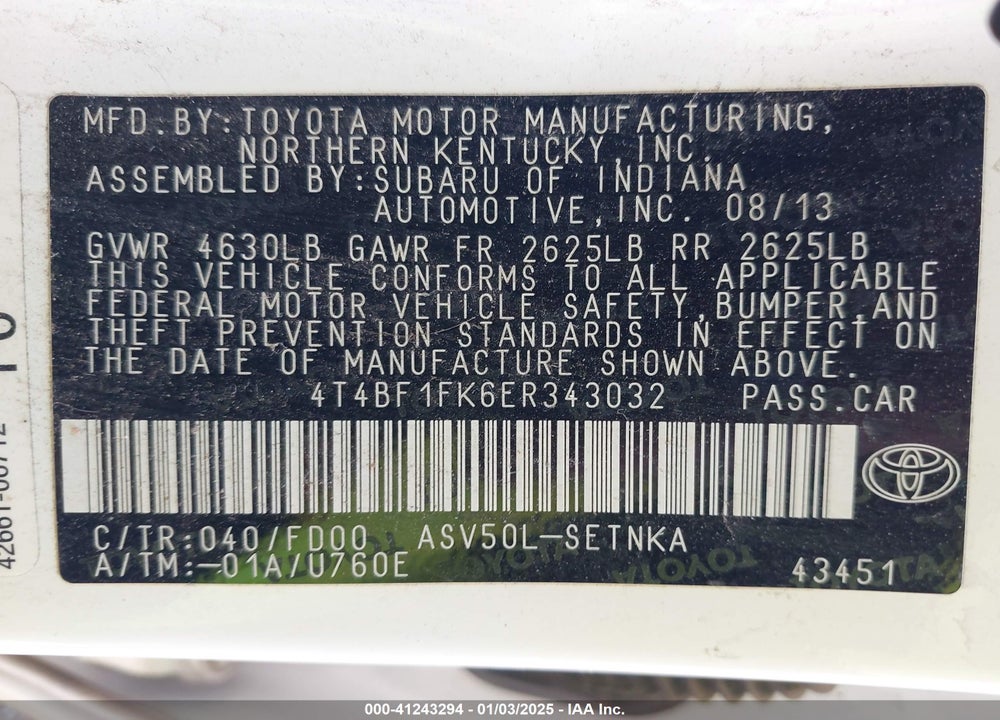 2014 TOYOTA CAMRY LE VIN: 4T4BF1FK6ER343032