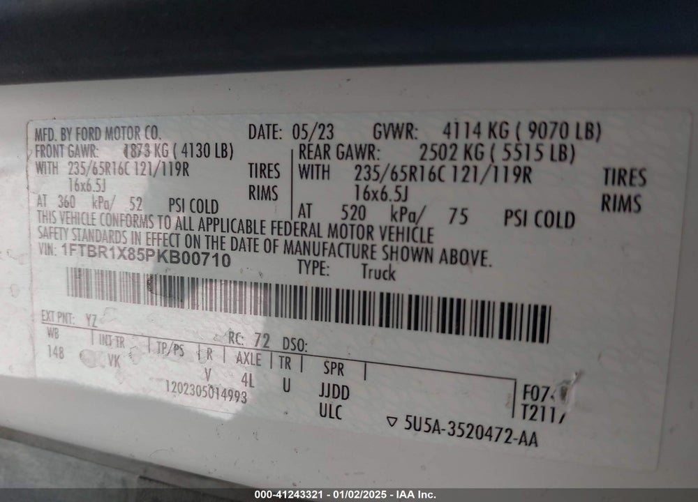 2023 FORD TRANSIT-250 VIN: 1FTBR1X85PKB00710