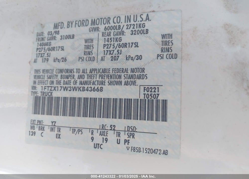 1998 FORD F-150 LARIAT/STANDARD/XL/XLT VIN: 1FTZX17W3WKB43668