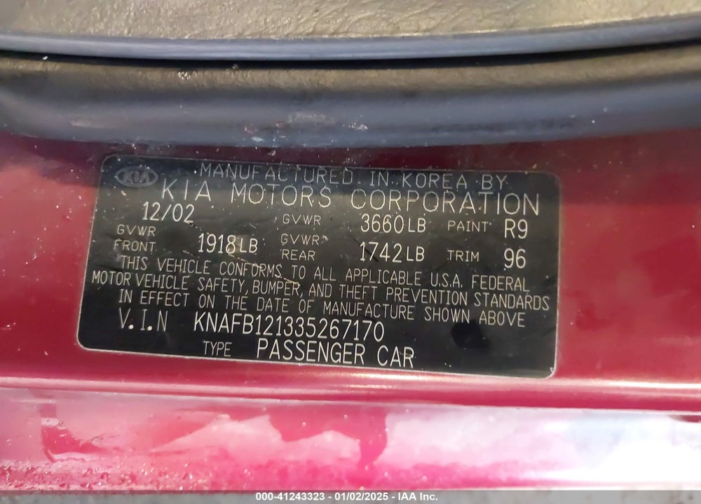 2003 KIA SPECTRA LS VIN: KNAFB121335267170