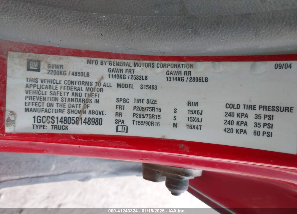 2005 CHEVROLET COLORADO VIN: 1GCCS148058148980