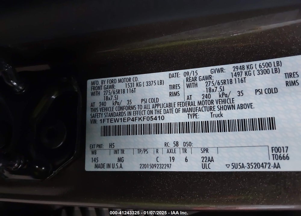 2015 FORD F-150 VIN: 1FTEW1EP4FKF05410