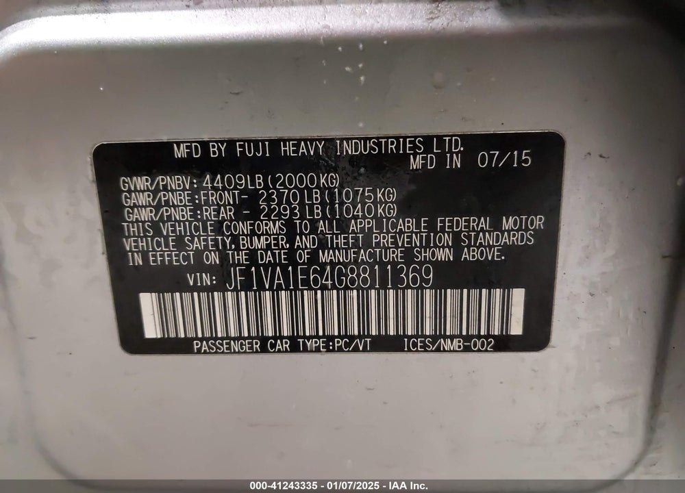 2016 SUBARU WRX VIN: JF1VA1E64G8811369