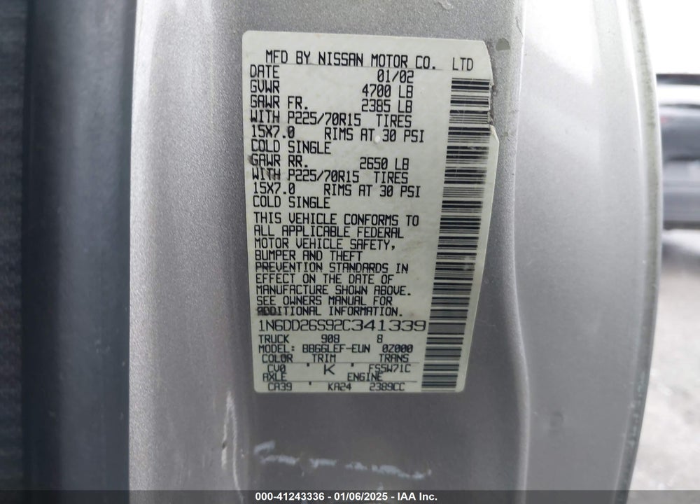 2002 NISSAN FRONTIER XE VIN: 1N6DD26S92C341339