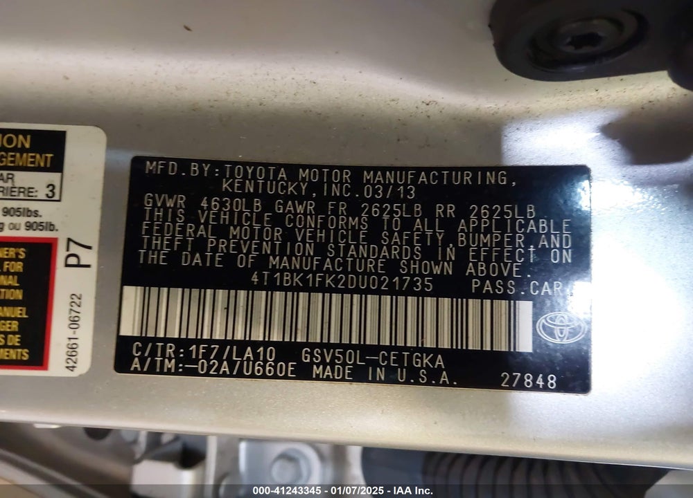 2013 TOYOTA CAMRY XLE V6 VIN: 4T1BK1FK2DU021735