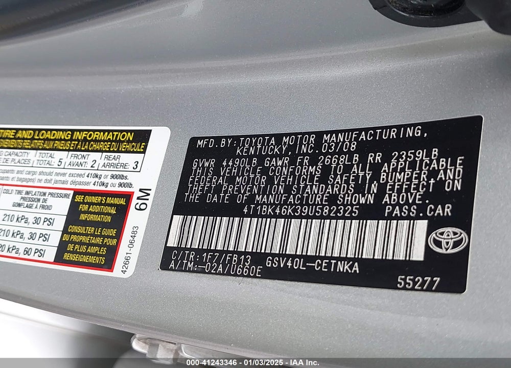 2009 TOYOTA CAMRY LE V6 VIN: 4T1BK46K39U582325