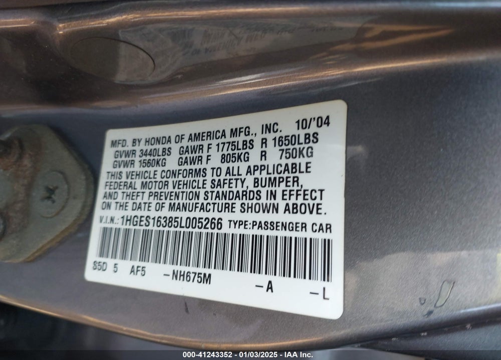 2005 HONDA CIVIC VP VIN: 1HGES16385L005266