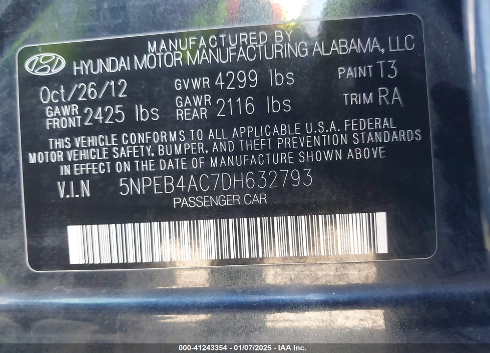 2013 HYUNDAI SONATA GLS VIN: 5NPEB4AC7DH632793
