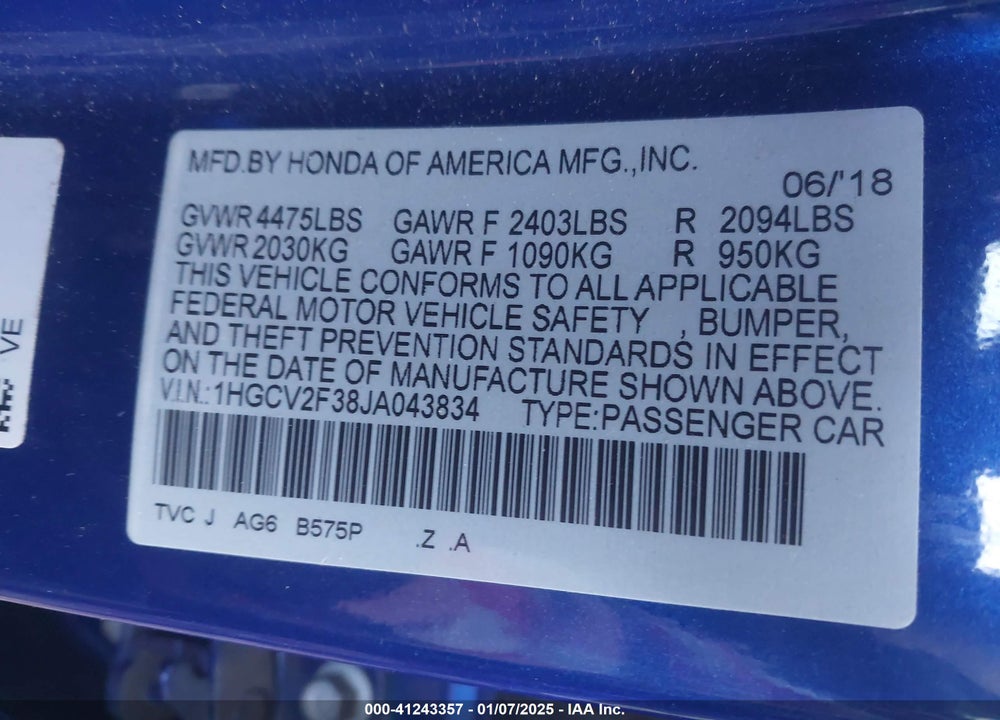 2018 HONDA ACCORD SPORT 2.0T VIN: 1HGCV2F38JA043834