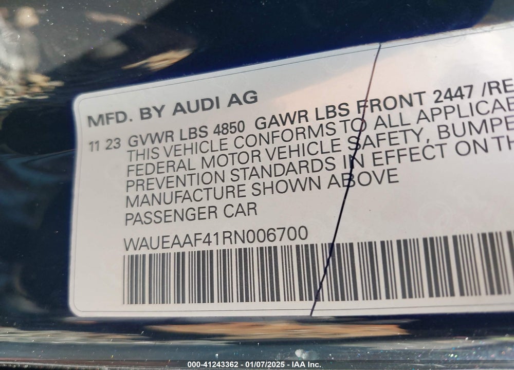 2024 AUDI A4 PREMIUM PLUS 45 TFSI S LINE QUATTRO S TRONIC VIN: WAUEAAF41RN006700